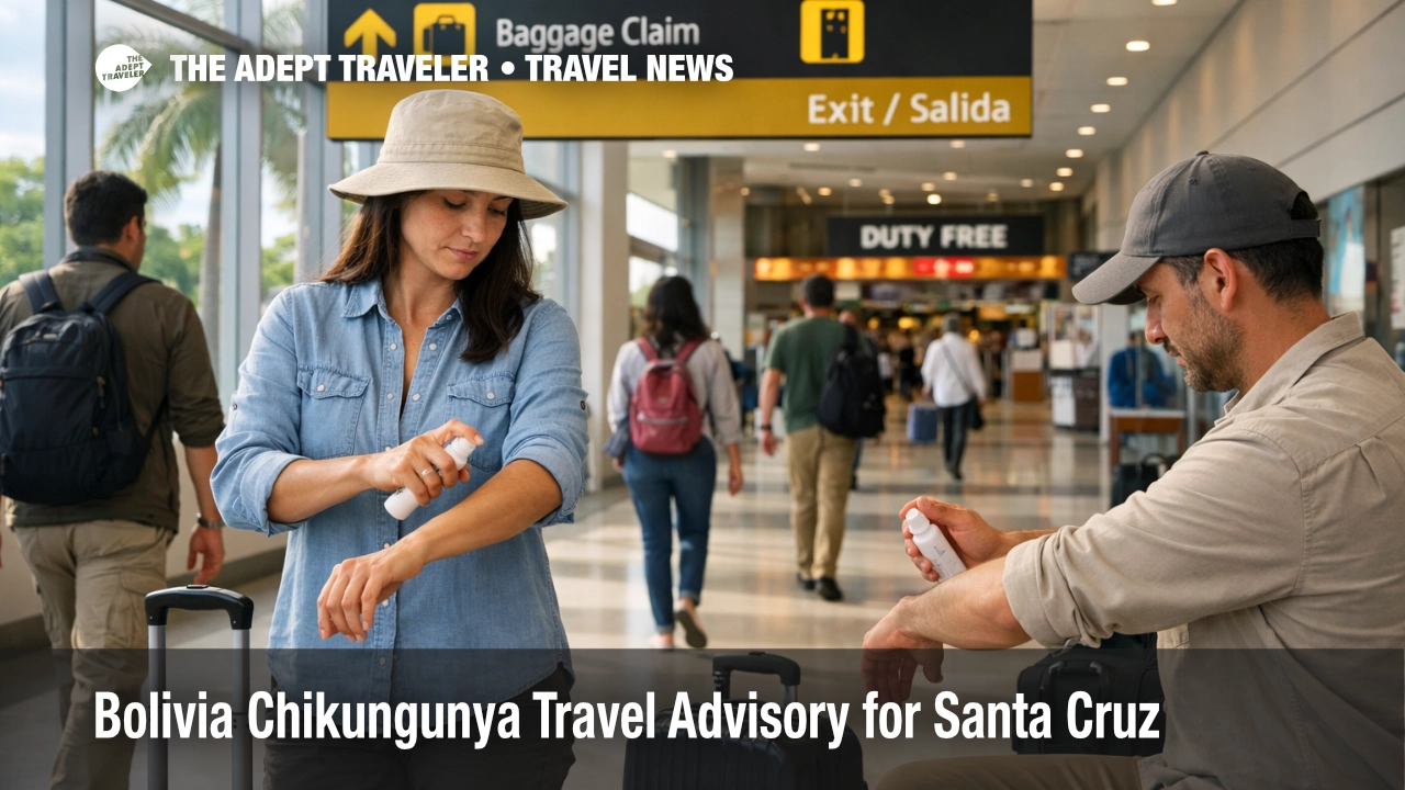 Bolivia chikungunya travel advisory, travelers in Santa Cruz airport use repellent and long sleeves to reduce bites