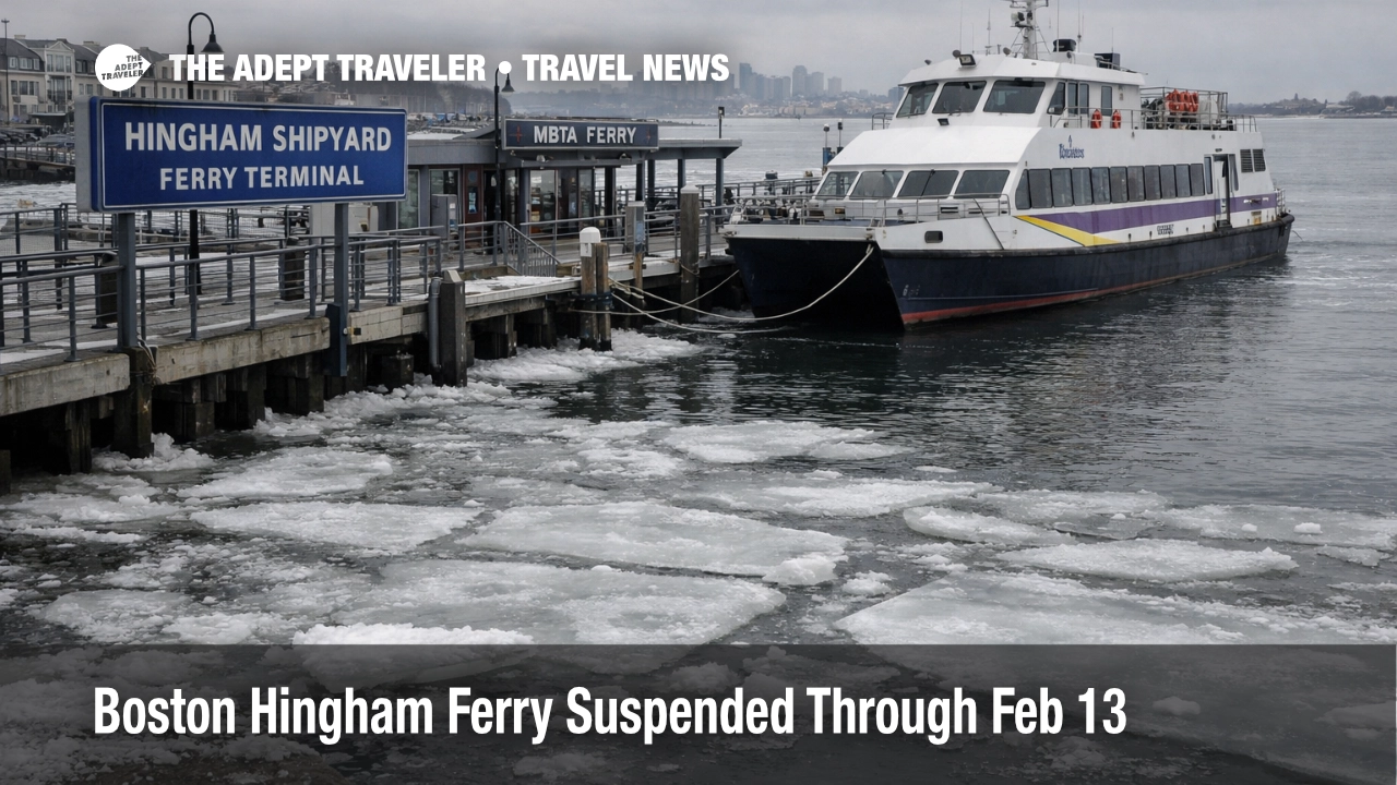 Boston Hingham ferry suspended, ice at Hingham Shipyard docks shows why trips reroute by bus to Hull
