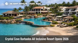 Crystal Cove Barbados all inclusive resort opens, showing West Coast pools, terraces, and calm turquoise beach