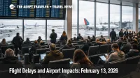 February 13 2026 flight delays shown on JFK departure boards as wind slows New York area arrivals and connections