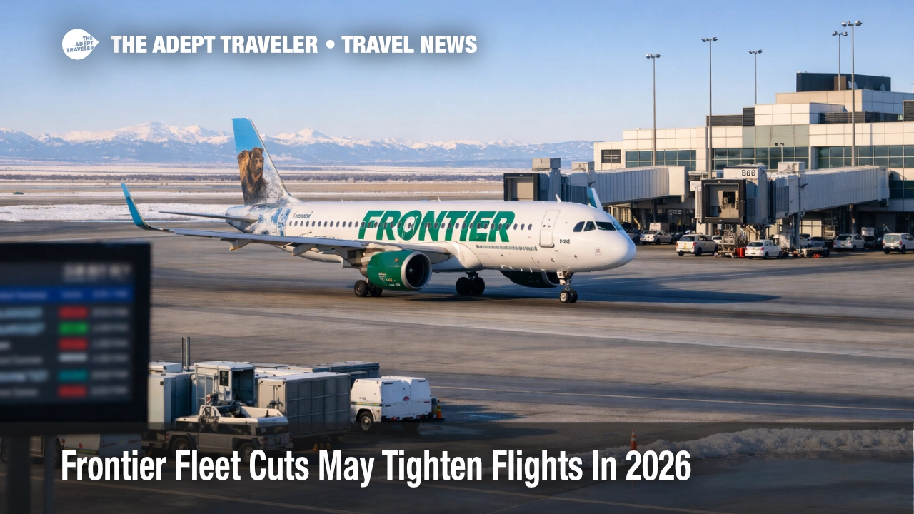 Frontier fleet cuts 2026, an A320neo taxis at Denver as travelers face tighter schedules and fewer rebooking options