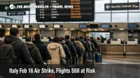 Italy Feb 16 air strike risk shown by queues and delay board at Milan Malpensa Airport during Olympics travel week