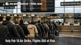 Italy Feb 16 air strike risk shown by queues and delay board at Milan Malpensa Airport during Olympics travel week