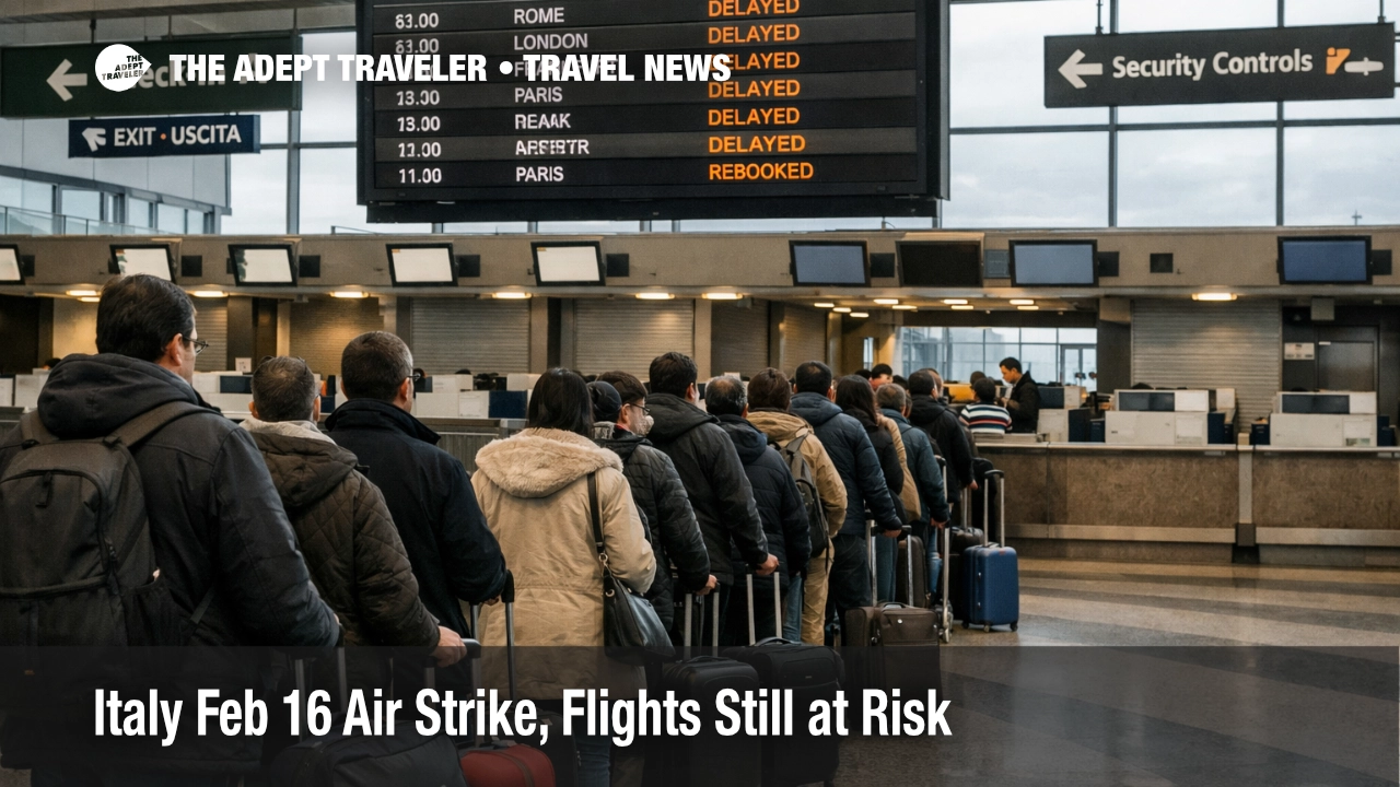 Italy Feb 16 air strike risk shown by queues and delay board at Milan Malpensa Airport during Olympics travel week