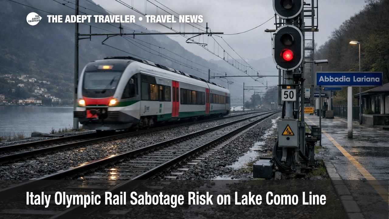 Italy Olympic rail sabotage risk as a regional train crawls past Lake Como trackside signals near Abbadia Lariana
