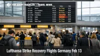 Lufthansa strike recovery flights show mixed delays on Frankfurt Airport boards as rebooked travelers queue on Feb 13, 2026
