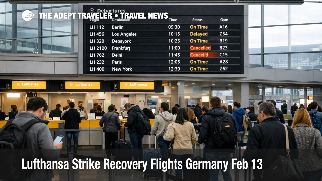 Lufthansa strike recovery flights show mixed delays on Frankfurt Airport boards as rebooked travelers queue on Feb 13, 2026