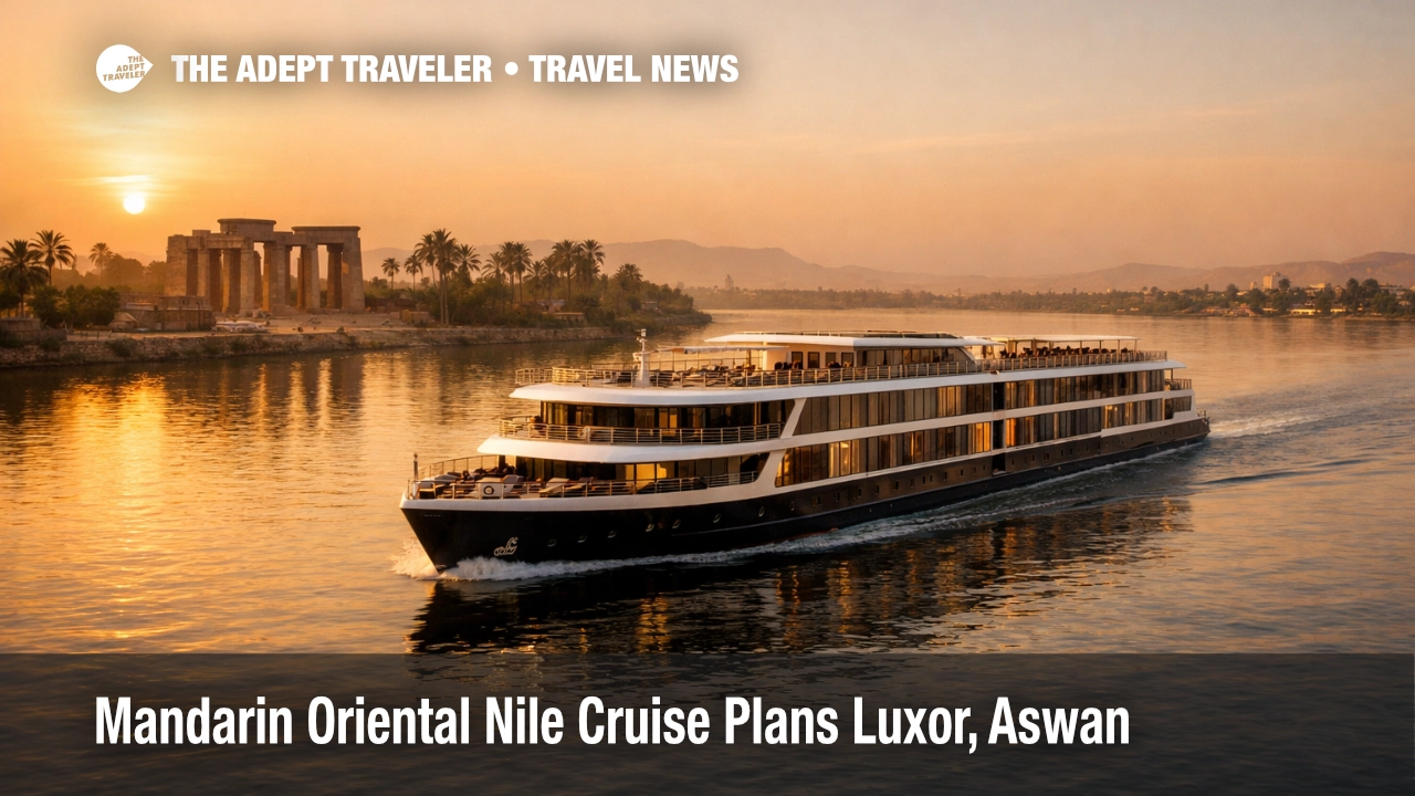 Mandarin Oriental Nile cruise concept ship sails past Luxor temples, showing the new Luxor to Aswan luxury route
