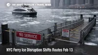 NYC Ferry ice disruption, a ferry approaches Pier 11 through ice floes as riders plan subway backups