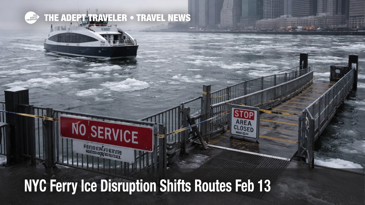 NYC Ferry ice disruption, a ferry approaches Pier 11 through ice floes as riders plan subway backups