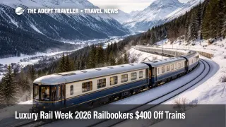 Luxury Rail Week savings, a luxury train rounds an Alpine curve as travelers plan Railbookers deals and dates