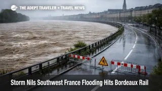 Storm Nils Garonne flooding closes riverside roads near Bordeaux, raising rail and airport transfer risk