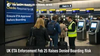 UK ETA enforcement Feb 25 sign at Heathrow check in as travelers risk denied boarding without approved authorisation