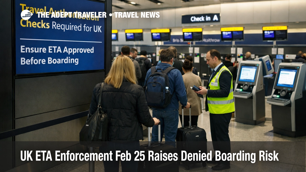 UK ETA enforcement Feb 25 sign at Heathrow check in as travelers risk denied boarding without approved authorisation