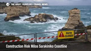 Construction risk Milos Sarakiniko coastline, fenced excavation above the lunar white cliffs and sea