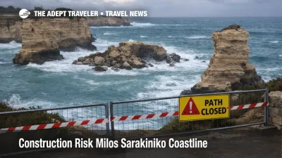 Construction risk Milos Sarakiniko coastline, fenced excavation above the lunar white cliffs and sea