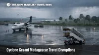 Cyclone Gezani Madagascar travel, a wet Toamasina airport apron shows grounded turboprops and fragile local flights