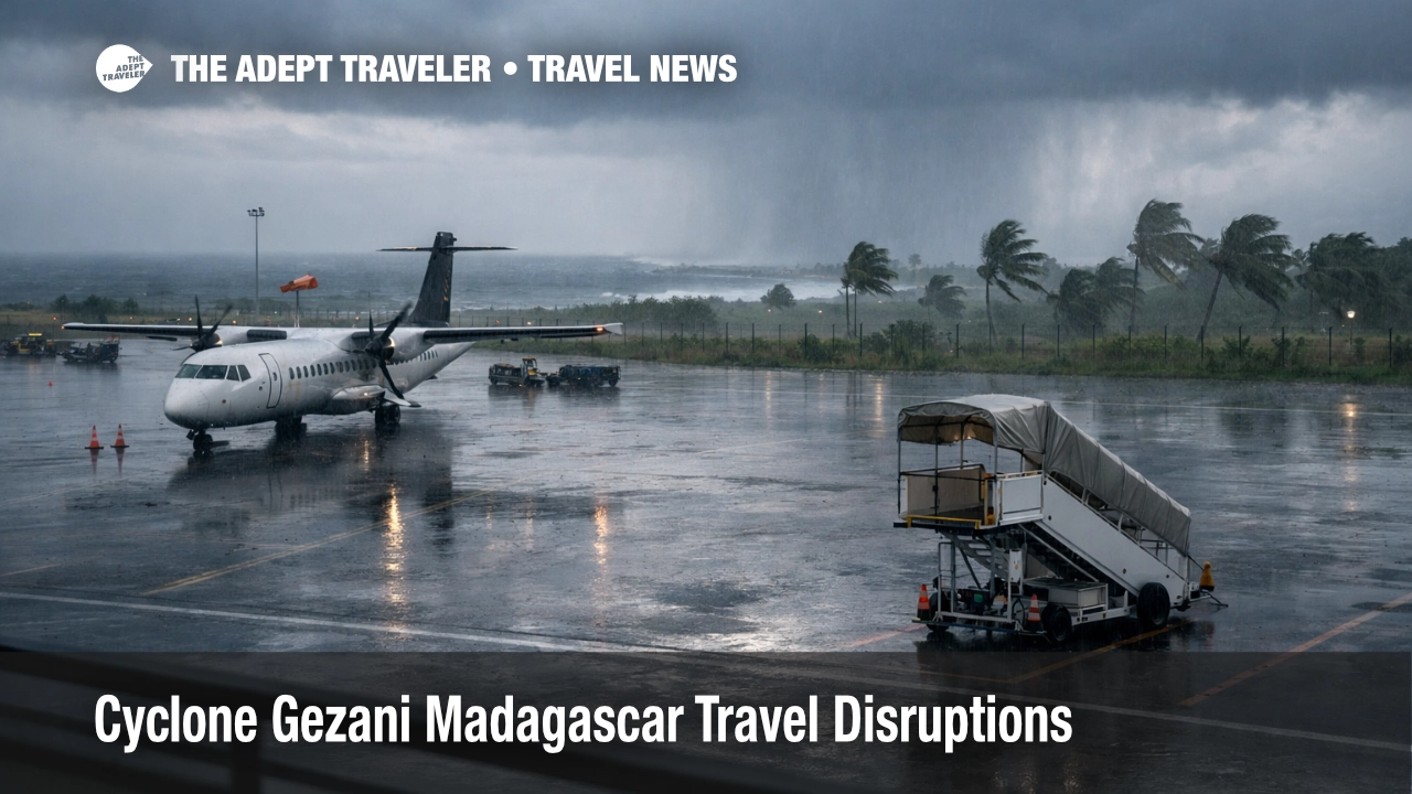 Cyclone Gezani Madagascar travel, a wet Toamasina airport apron shows grounded turboprops and fragile local flights