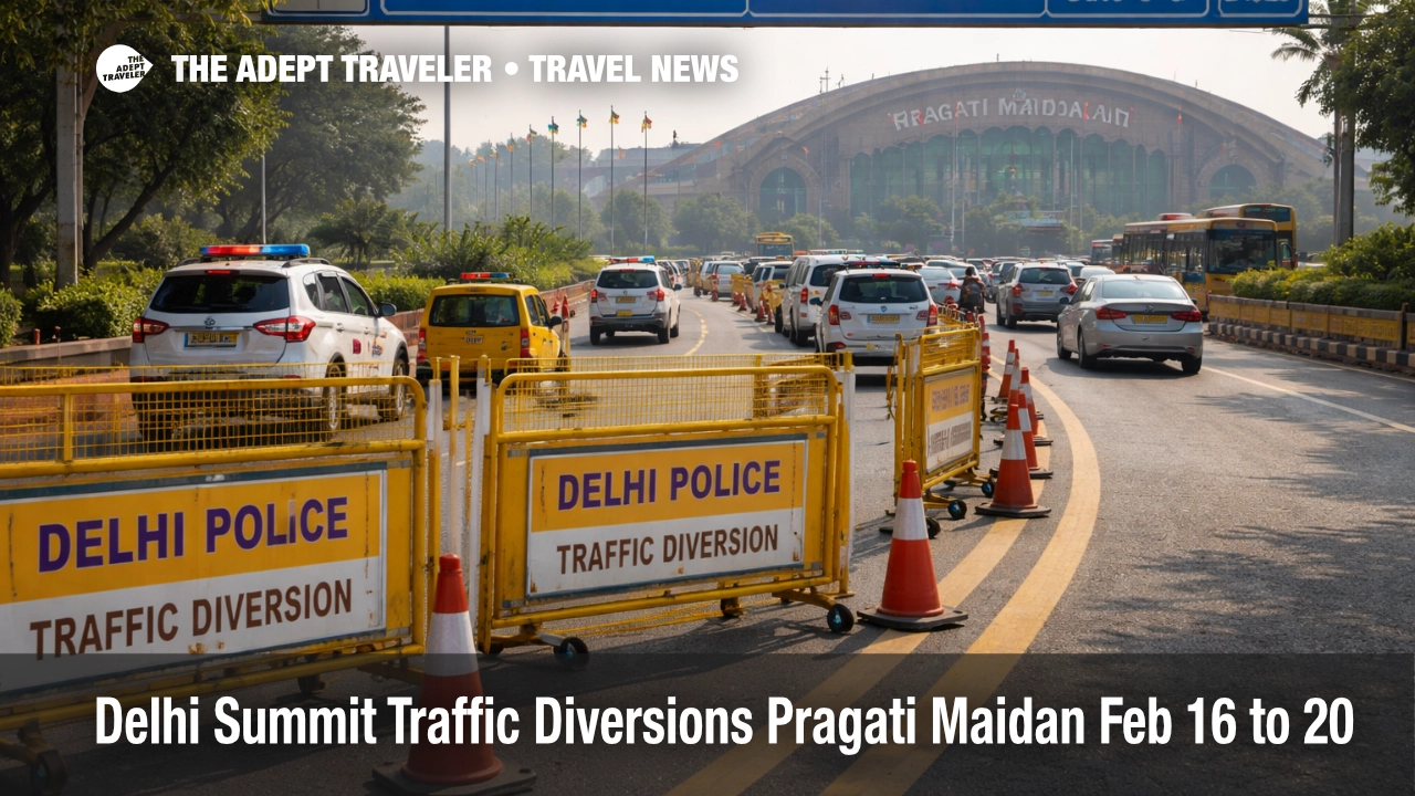 Delhi summit traffic diversions near Pragati Maidan show barricades and diverted lanes slowing central New Delhi transfers