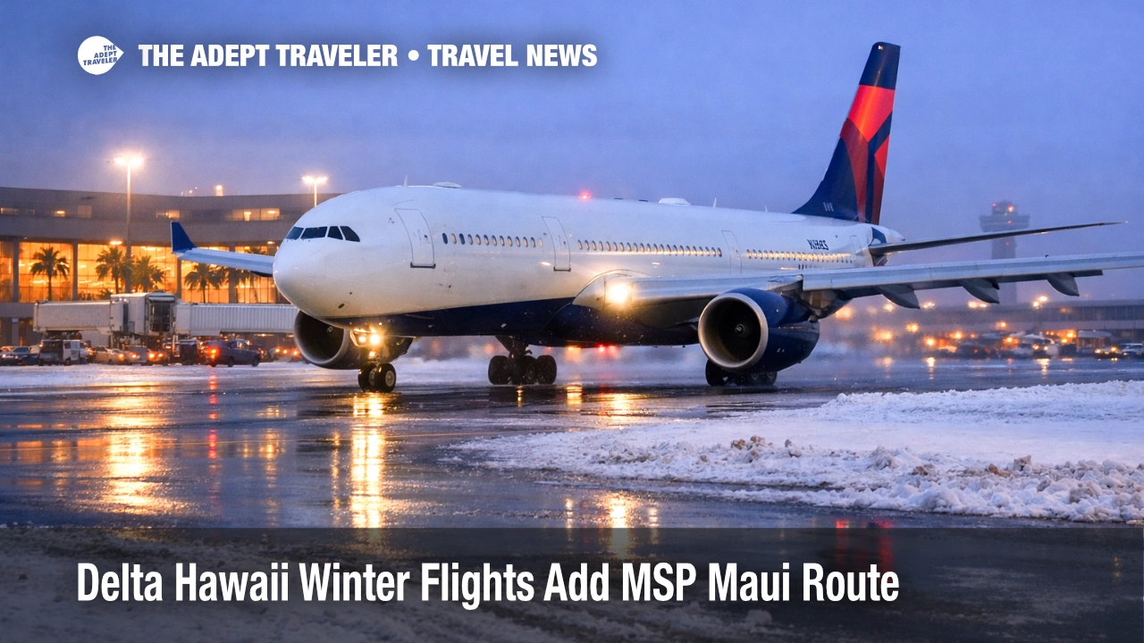 Delta Hawaii winter flights, an A330 taxis at snowy MSP as travelers plan new nonstop Maui service for winter 2026