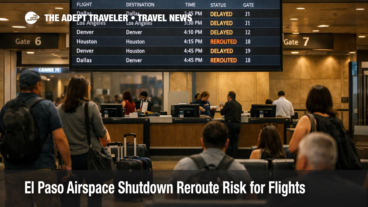El Paso airspace shutdown aftermath shows delays on ELP departures board as travelers face reroutes and missed connections