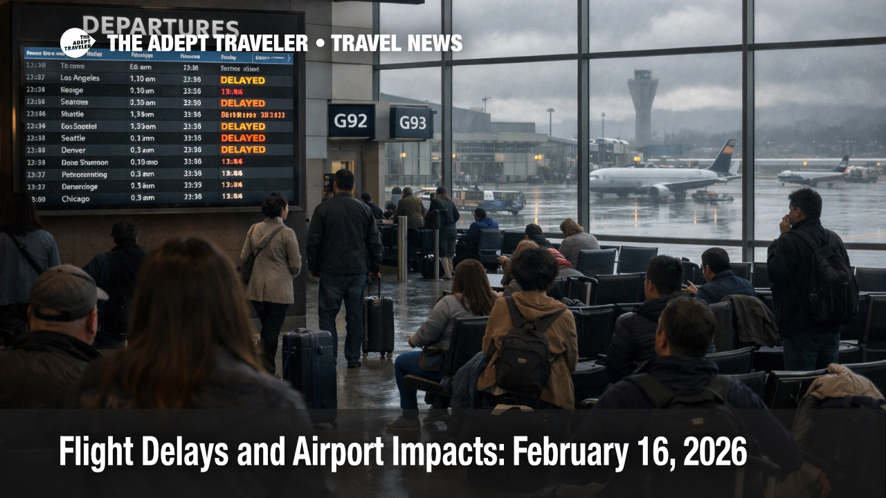 U.S. flight delays February 16 at SFO shown by delayed flights on a departures board as travelers wait under low clouds