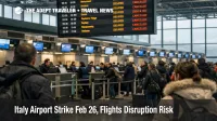 Italy airport strike Feb 26, travelers watch delay board at Milan Malpensa as flight plans shift and queues build
