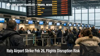 Italy airport strike Feb 26, travelers watch delay board at Milan Malpensa as flight plans shift and queues build
