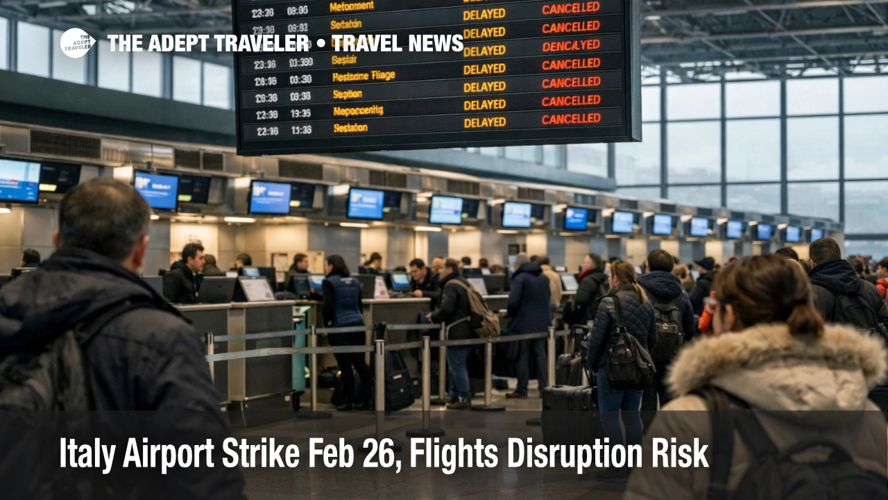Italy airport strike Feb 26, travelers watch delay board at Milan Malpensa as flight plans shift and queues build