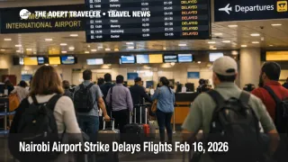 Nairobi airport strike delays flights as travelers queue at JKIA check in under a departures board showing delays