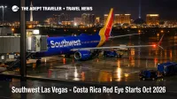 Southwest Las Vegas red eye flight boards at LAS at night, highlighting new Costa Rica service for October 2026.