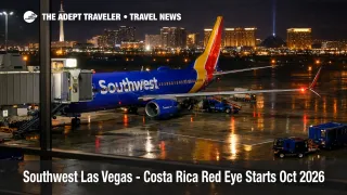 Southwest Las Vegas red eye flight boards at LAS at night, highlighting new Costa Rica service for October 2026.