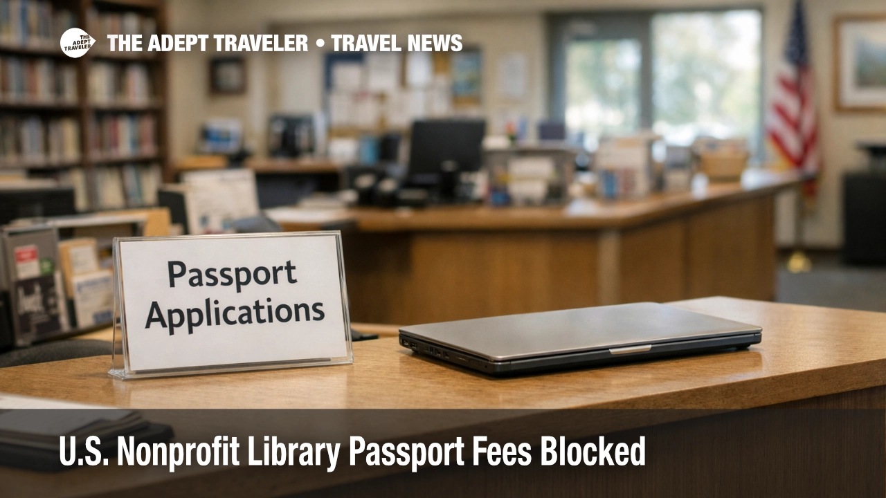 Empty library passport counter symbolizes library passport services disrupted by U.S. nonprofit library passport fees enforcement