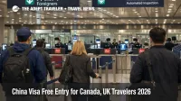 China visa free entry shown at Beijing airport immigration lanes as Canada and UK travelers clear arrivals with less paperwork