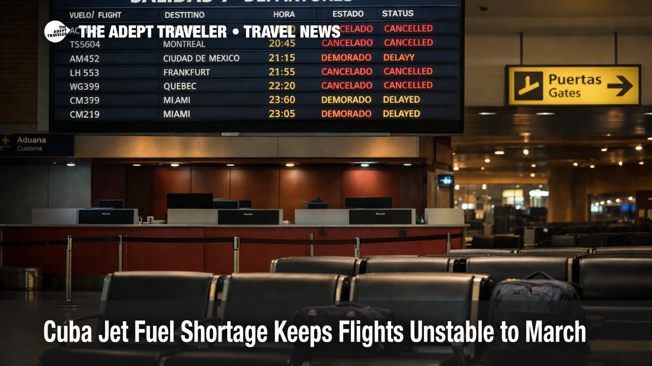 Cuba jet fuel shortage flights cause canceled departures and delays on a Havana airport board, signaling unstable returns through March