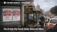 Feb 24 Italy city transit strike risk shown by closed Rome metro entrance and taxi queue complicating airport and station transfers