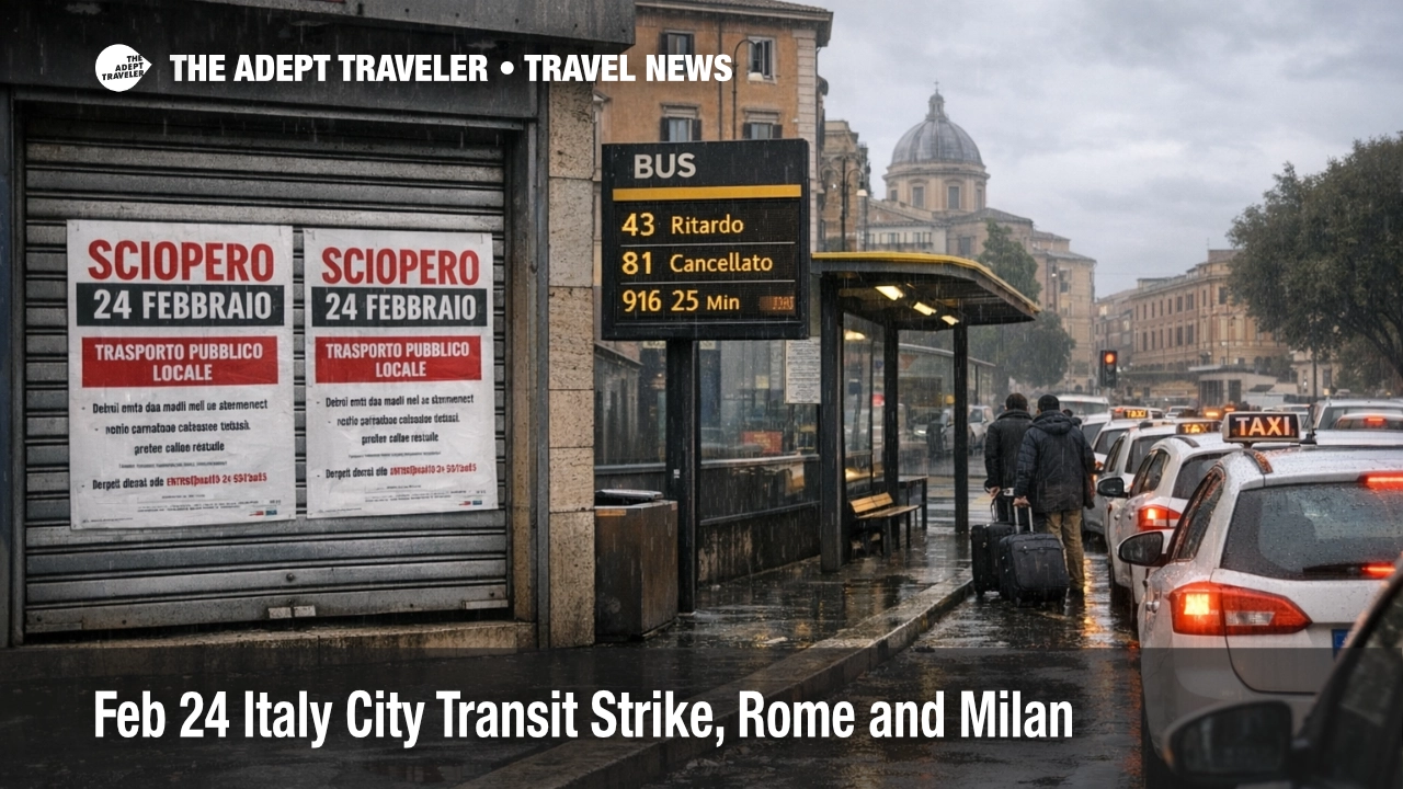 Feb 24 Italy city transit strike risk shown by closed Rome metro entrance and taxi queue complicating airport and station transfers