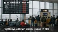San Francisco arrival delays on February 17 show on the departures board as travelers wait under low ceilings