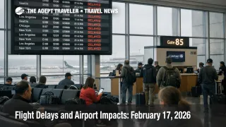 San Francisco arrival delays on February 17 show on the departures board as travelers wait under low ceilings