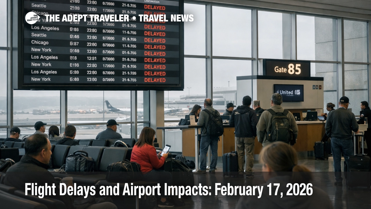 San Francisco arrival delays on February 17 show on the departures board as travelers wait under low ceilings
