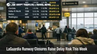 LaGuardia runway closures delay risk shown on a departures board as travelers wait during constrained airport operations