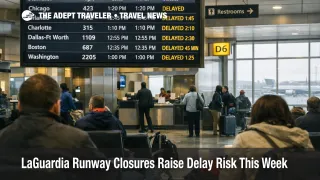 LaGuardia runway closures delay risk shown on a departures board as travelers wait during constrained airport operations