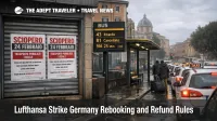 Lufthansa strike rebooking Germany, travelers queue at Frankfurt check in as canceled flights require refunds and reroutes