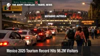 Mexico tourism 2025 record shown by busy Mexico City stadium area with rideshare queues and event week crowding
