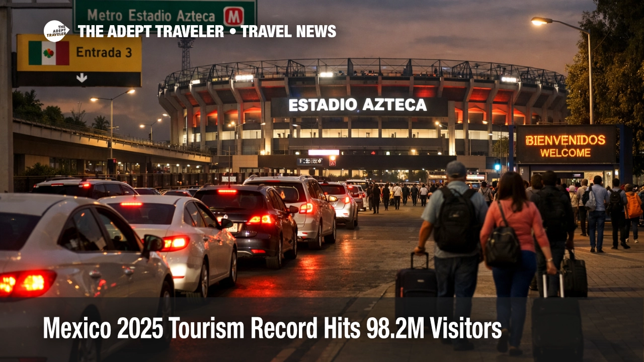 Mexico tourism 2025 record shown by busy Mexico City stadium area with rideshare queues and event week crowding