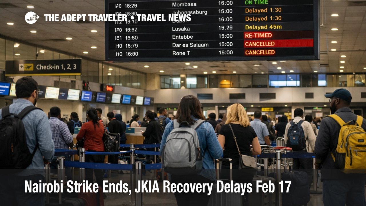 Nairobi airport strike recovery at JKIA, travelers face rolling delays as queues form under a departures board