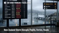 New Zealand storm travel disruptions shown by a Wellington departures board with cancellations and rain visible on the tarmac
