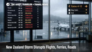 New Zealand storm travel disruptions shown by a Wellington departures board with cancellations and rain visible on the tarmac