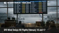 SFO wind delays flights as a departures board shows multi hour inbound holds during a Bay Area storm at San Francisco airport