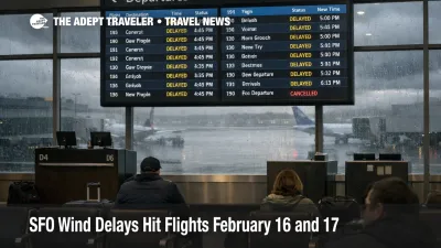 SFO wind delays flights as a departures board shows multi hour inbound holds during a Bay Area storm at San Francisco airport
